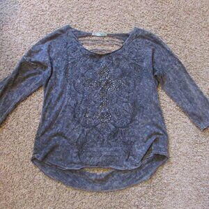 NWOT Maurices large Gray Black Beaded Cross Shredded Open Back Top Shirt